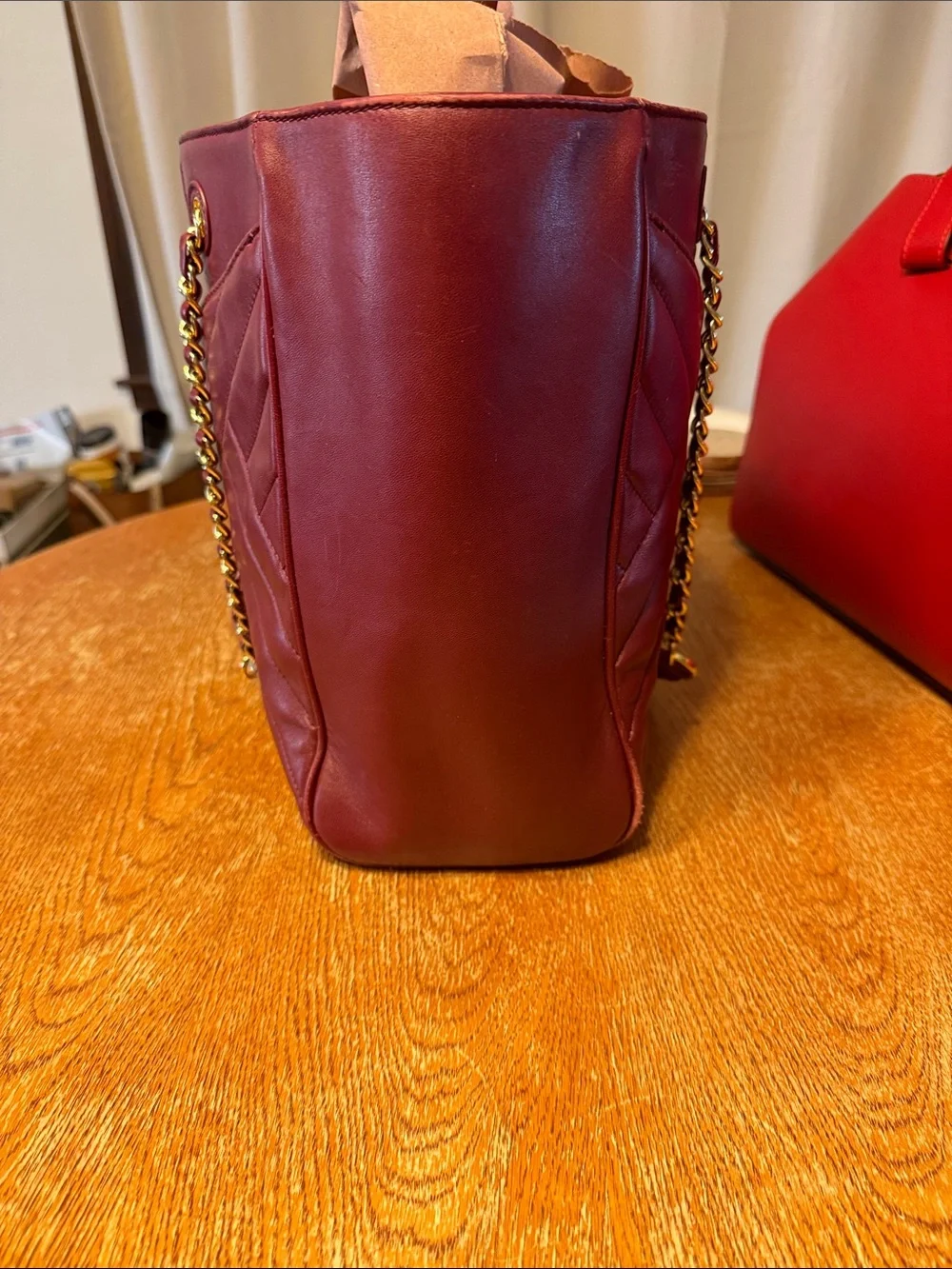 Tory Burch Burgundy Quilted Chevron Tote with Gold Chain Handles
